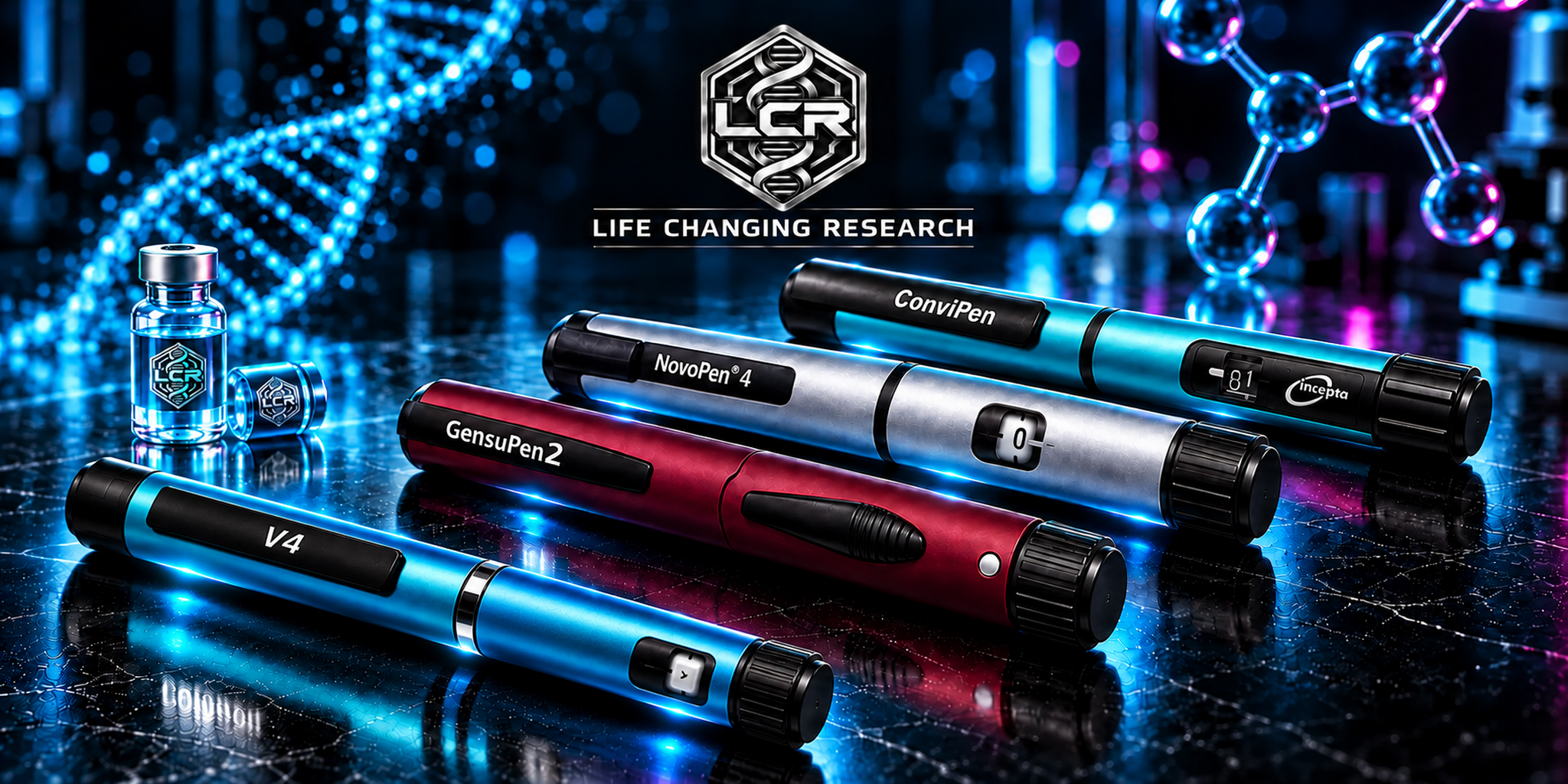 LCR reusable pen lineup with V4 in front, GensuPen 2 and NovoPen 4 in the middle, and ConviPen in back
