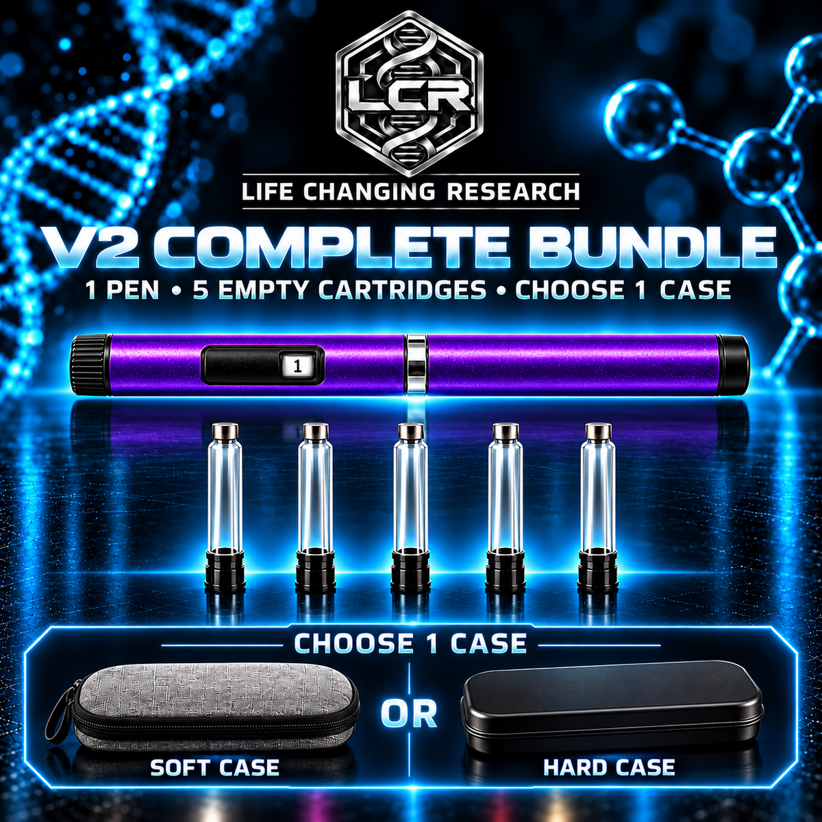 LCR V2 complete bundle with one correctly proportioned purple V2 pen, five empty 3 mL cartridges, and a choice of one soft or hard case