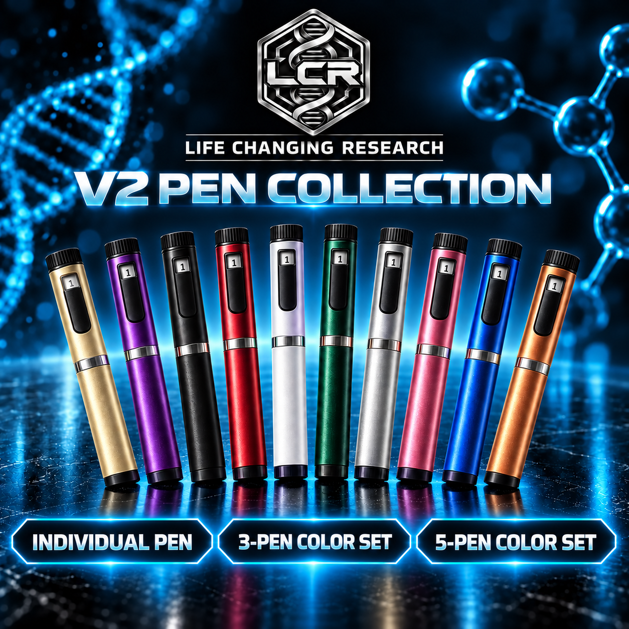 LCR V2 reusable pen collection showing all ten available colors and three purchase options