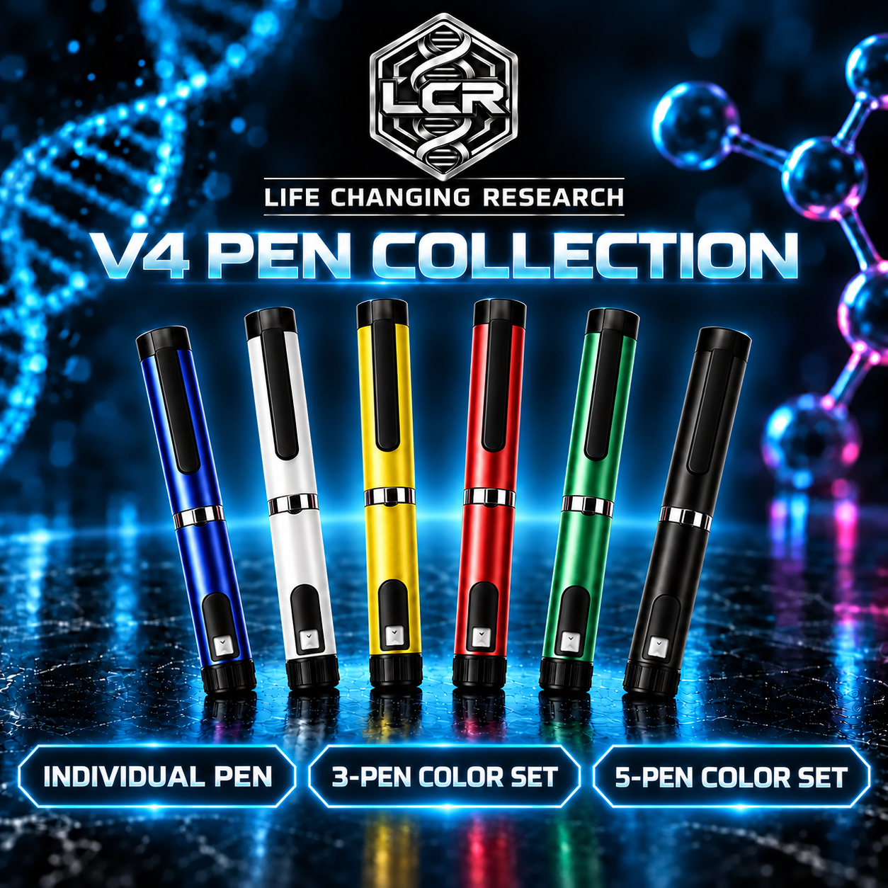 LCR V4 reusable pen collection showing all six available colors and three purchase options